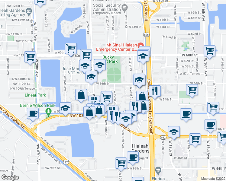 map of restaurants, bars, coffee shops, grocery stores, and more near 5401 West 22nd Court in Hialeah