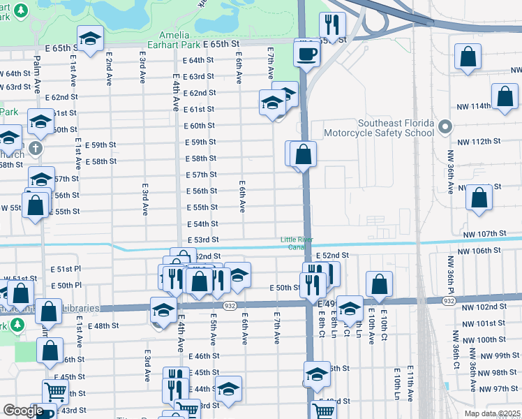 map of restaurants, bars, coffee shops, grocery stores, and more near 675 East 54th Street in Hialeah