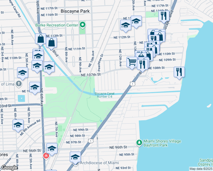 map of restaurants, bars, coffee shops, grocery stores, and more near 1055 Northeast 105th Street in Miami Shores