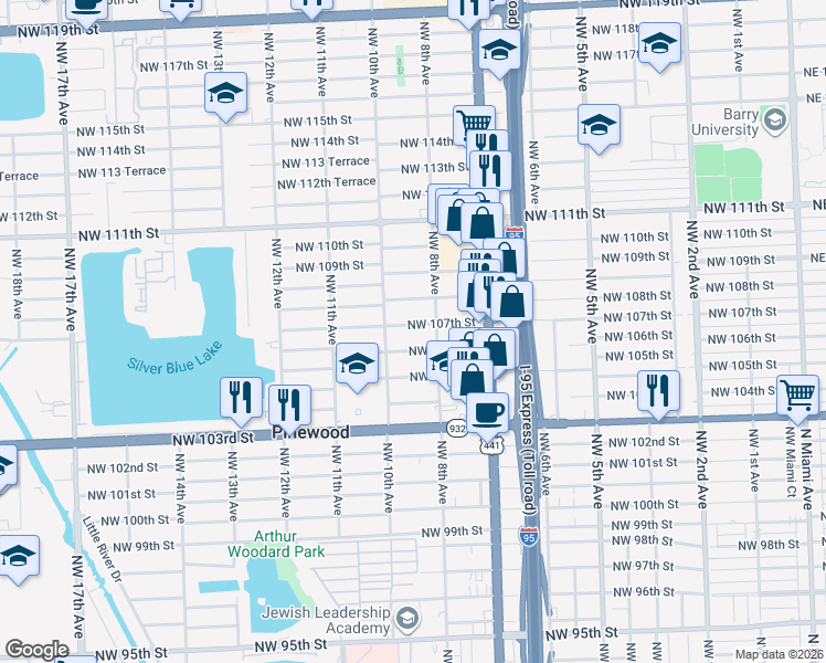 map of restaurants, bars, coffee shops, grocery stores, and more near 811 Northwest 106th Street in Miami