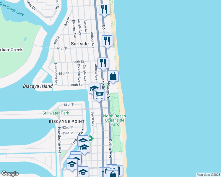 map of restaurants, bars, coffee shops, grocery stores, and more near 8701 Collins Avenue in Surfside