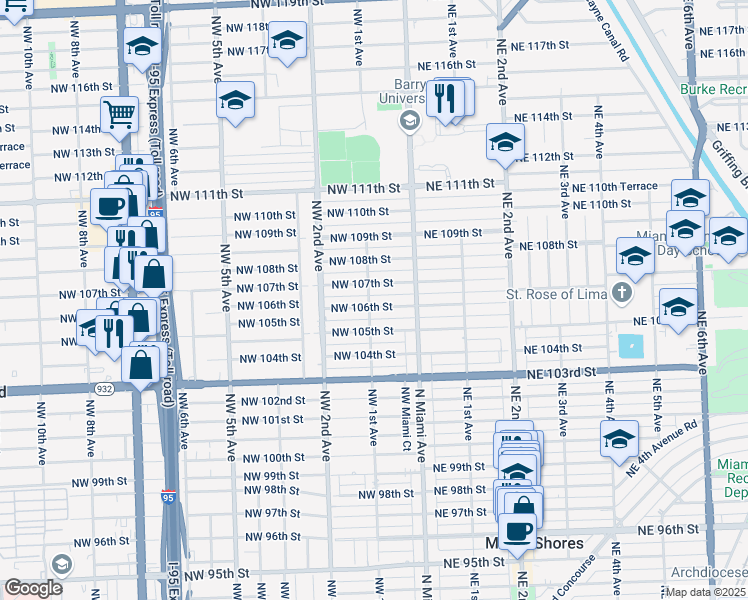 map of restaurants, bars, coffee shops, grocery stores, and more near 89 Northwest 106th Street in Miami Shores
