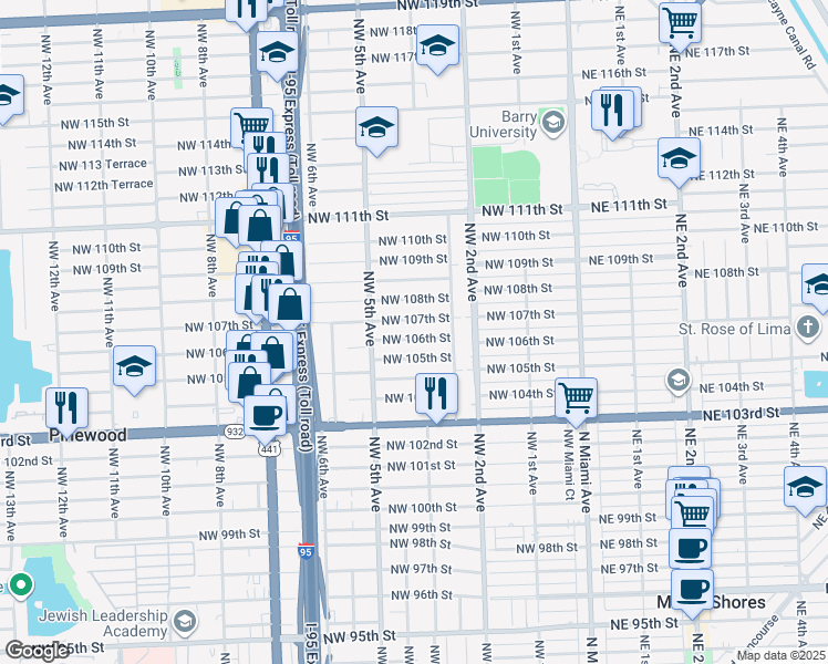 map of restaurants, bars, coffee shops, grocery stores, and more near 410 Northwest 106th Street in Miami