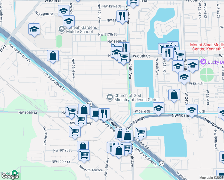 map of restaurants, bars, coffee shops, grocery stores, and more near 8826 Northwest 108th Lane in Hialeah Gardens
