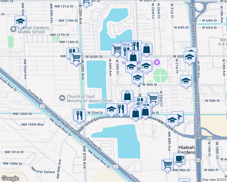 map of restaurants, bars, coffee shops, grocery stores, and more near 5430 West 26th Avenue in Hialeah