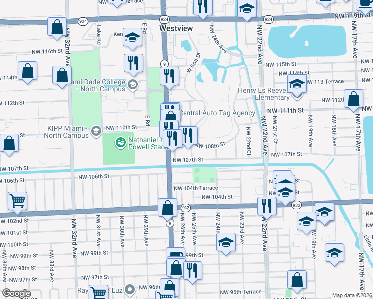 map of restaurants, bars, coffee shops, grocery stores, and more near 2515 Northwest 107th Street in Miami