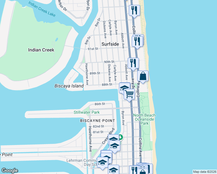 map of restaurants, bars, coffee shops, grocery stores, and more near 700 88th Street in Surfside