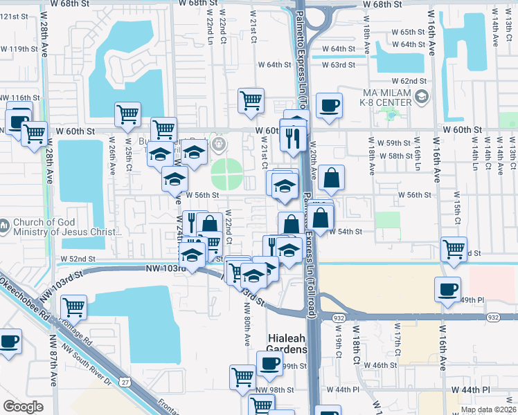 map of restaurants, bars, coffee shops, grocery stores, and more near 5460 West 21st Court in Hialeah
