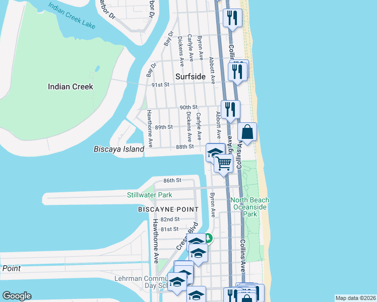 map of restaurants, bars, coffee shops, grocery stores, and more near 700 88th Street in Surfside