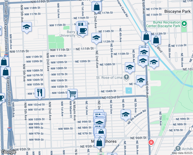 map of restaurants, bars, coffee shops, grocery stores, and more near 162 Northeast 106th Street in Miami Shores