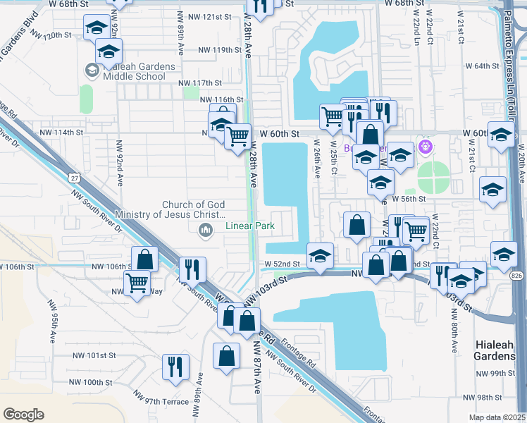 map of restaurants, bars, coffee shops, grocery stores, and more near 2798 West 55th Street in Hialeah