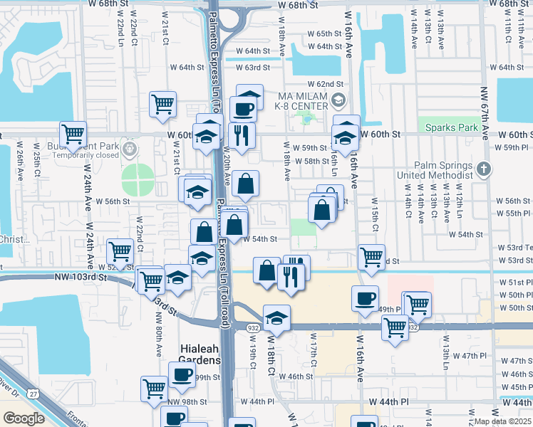 map of restaurants, bars, coffee shops, grocery stores, and more near 1945 West 54th Street in Hialeah