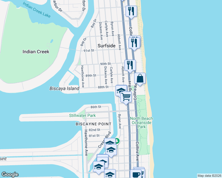 map of restaurants, bars, coffee shops, grocery stores, and more near 8819 Dickens Avenue in Surfside
