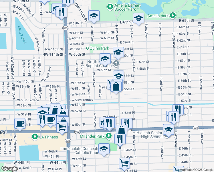 map of restaurants, bars, coffee shops, grocery stores, and more near 65 West 56th Street in Hialeah
