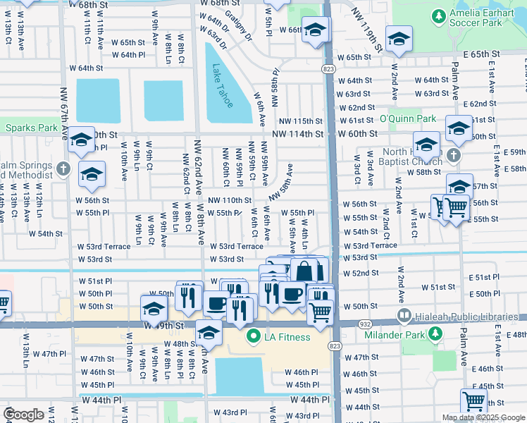 map of restaurants, bars, coffee shops, grocery stores, and more near 5901 Northwest 110th Street in Hialeah