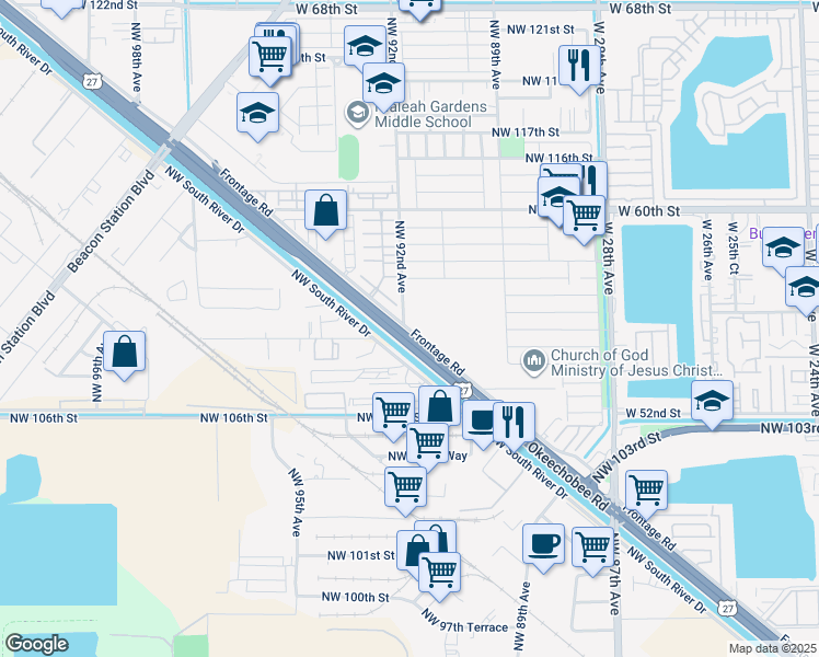 map of restaurants, bars, coffee shops, grocery stores, and more near 10907 Northwest 92nd Avenue in Hialeah Gardens