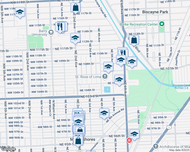 map of restaurants, bars, coffee shops, grocery stores, and more near 350 Northeast 107th Street in Miami Shores