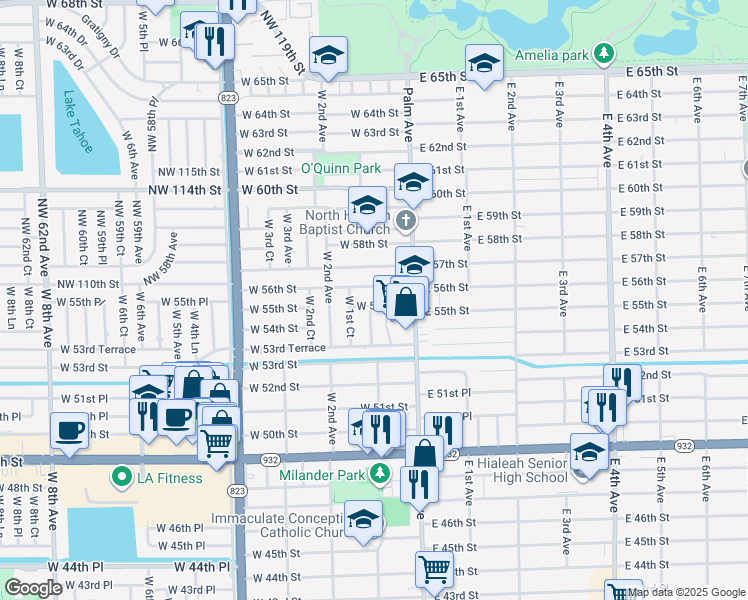 map of restaurants, bars, coffee shops, grocery stores, and more near 65 West 56th Street in Hialeah