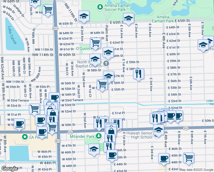 map of restaurants, bars, coffee shops, grocery stores, and more near 5605 Palm Avenue in Hialeah
