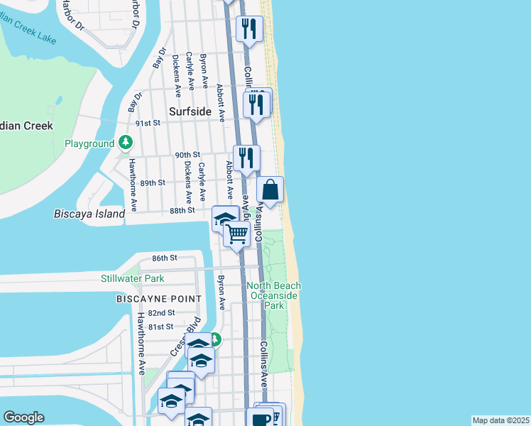 map of restaurants, bars, coffee shops, grocery stores, and more near 8777 Florida A1A in Surfside