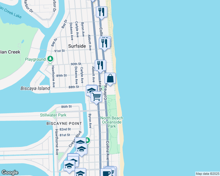 map of restaurants, bars, coffee shops, grocery stores, and more near 8777 Florida A1A in Surfside