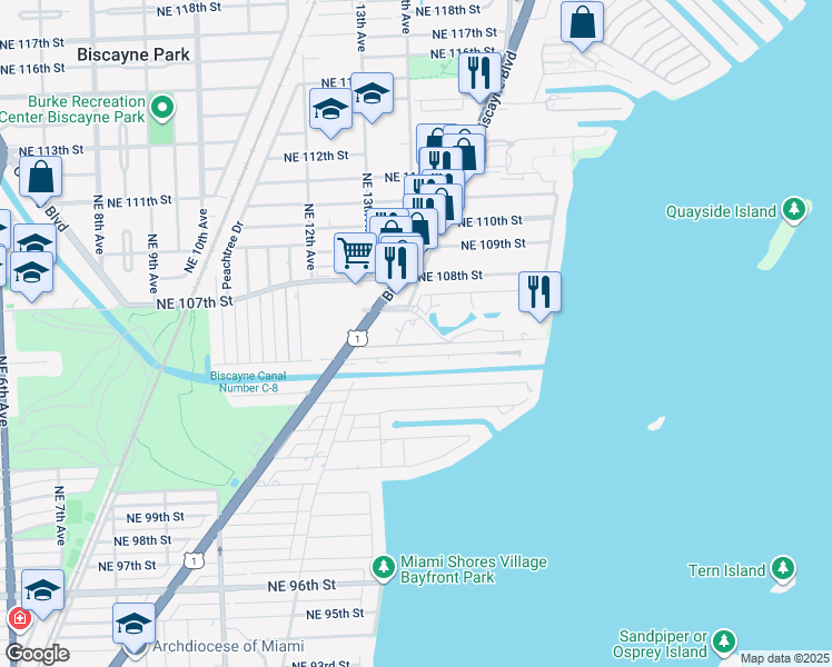 map of restaurants, bars, coffee shops, grocery stores, and more near 1519 Northeast 105th Street in Miami Shores