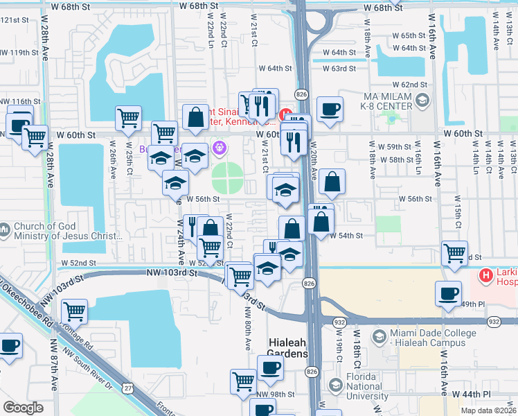 map of restaurants, bars, coffee shops, grocery stores, and more near 2190 West 60th Street in Hialeah