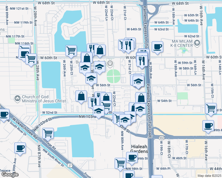 map of restaurants, bars, coffee shops, grocery stores, and more near 5565 West 22nd Court in Hialeah