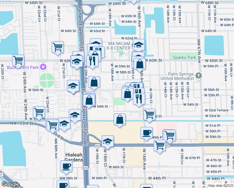 map of restaurants, bars, coffee shops, grocery stores, and more near 5634 West 17th Lane in Hialeah