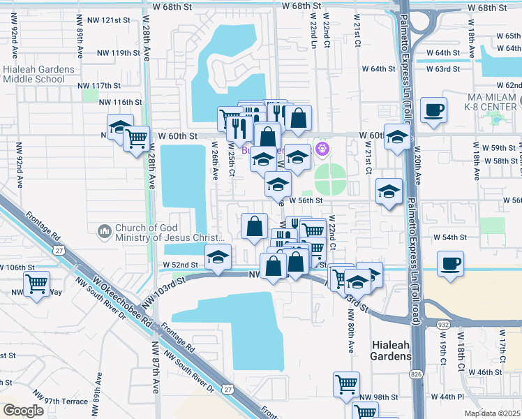 map of restaurants, bars, coffee shops, grocery stores, and more near 2460 West 56th Street in Hialeah