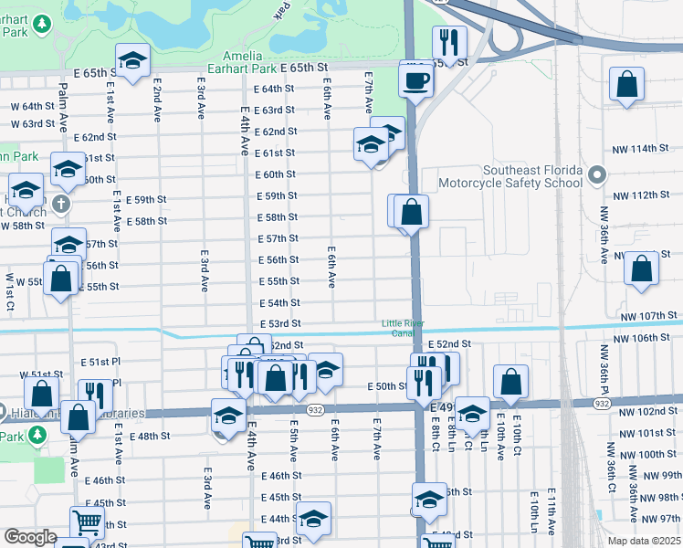 map of restaurants, bars, coffee shops, grocery stores, and more near 580 East 56th Street in Hialeah