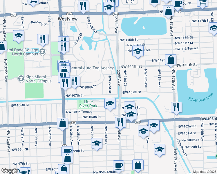 map of restaurants, bars, coffee shops, grocery stores, and more near 10835 Northwest 23rd Avenue in Miami