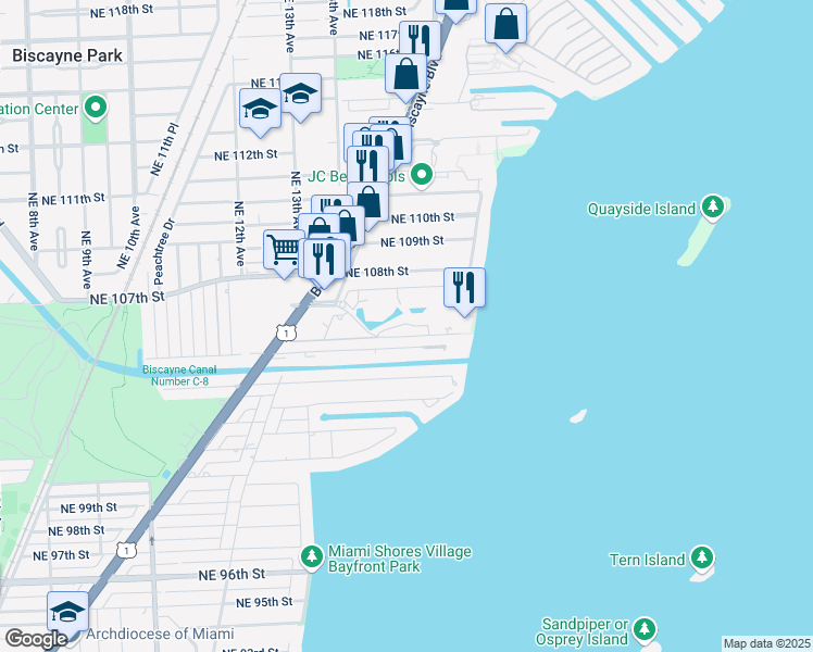 map of restaurants, bars, coffee shops, grocery stores, and more near 3003 Northeast Quayside Terrace in Miami