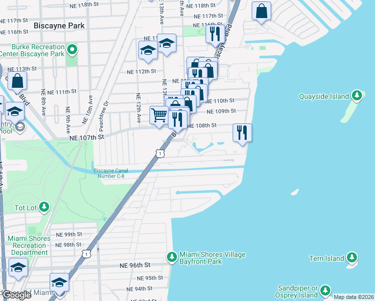 map of restaurants, bars, coffee shops, grocery stores, and more near 1519 Northeast 105th Street in Miami Shores