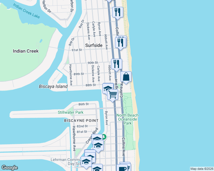 map of restaurants, bars, coffee shops, grocery stores, and more near 8810 Byron Avenue in Surfside