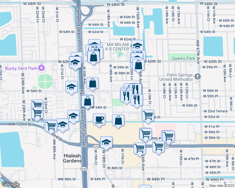 map of restaurants, bars, coffee shops, grocery stores, and more near 5634 West 17th Lane in Hialeah