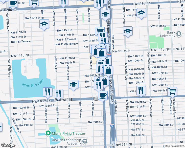 map of restaurants, bars, coffee shops, grocery stores, and more near 810 Northwest 108th Street in Miami