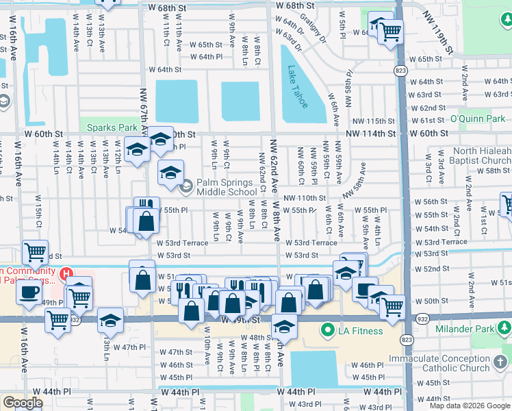 map of restaurants, bars, coffee shops, grocery stores, and more near 6281 Northwest 110th Street in Hialeah