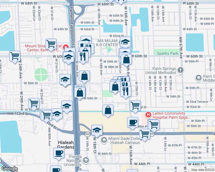 map of restaurants, bars, coffee shops, grocery stores, and more near 5634 West 17th Lane in Hialeah