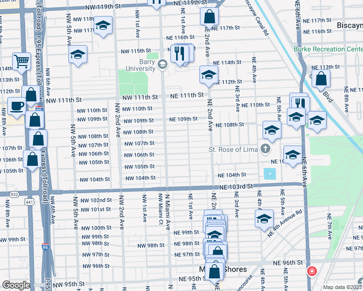map of restaurants, bars, coffee shops, grocery stores, and more near 89 Northeast 107th Street in Miami Shores