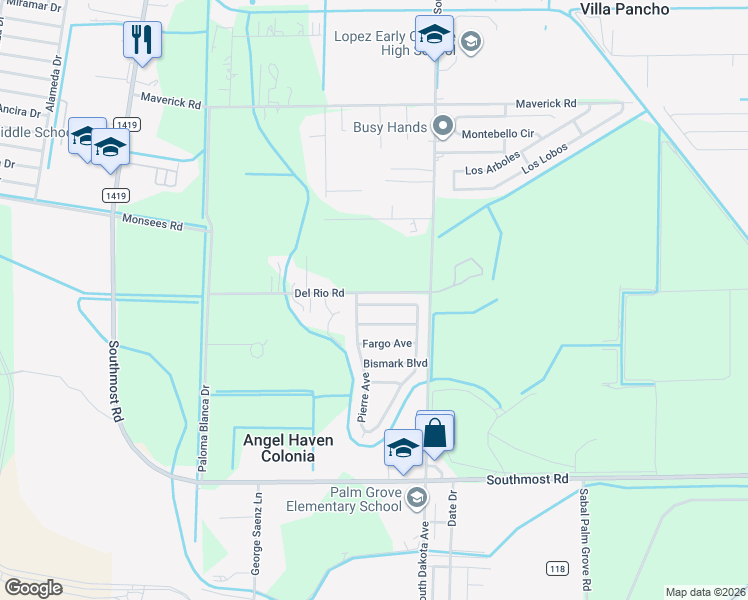 map of restaurants, bars, coffee shops, grocery stores, and more near 6004 Del Rio Road in Brownsville