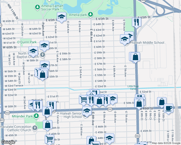 map of restaurants, bars, coffee shops, grocery stores, and more near 391 East 56th Street in Hialeah
