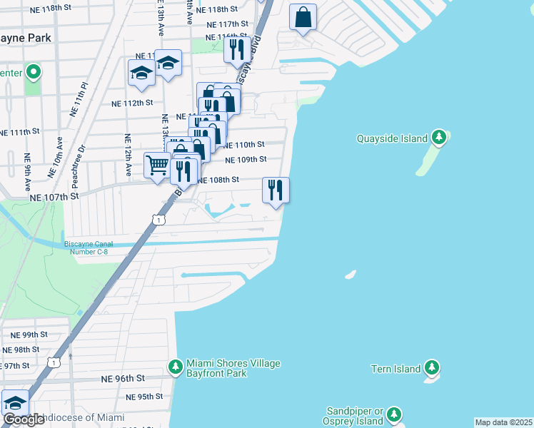 map of restaurants, bars, coffee shops, grocery stores, and more near 4000 Towerside Terrace in Miami Shores