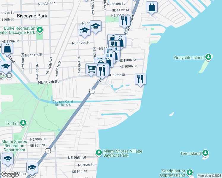 map of restaurants, bars, coffee shops, grocery stores, and more near 1 Northeast Quay Boulevard in Miami