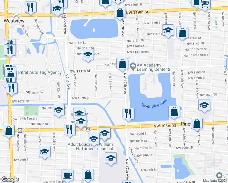 map of restaurants, bars, coffee shops, grocery stores, and more near 1761 Northwest 108th Street in Miami