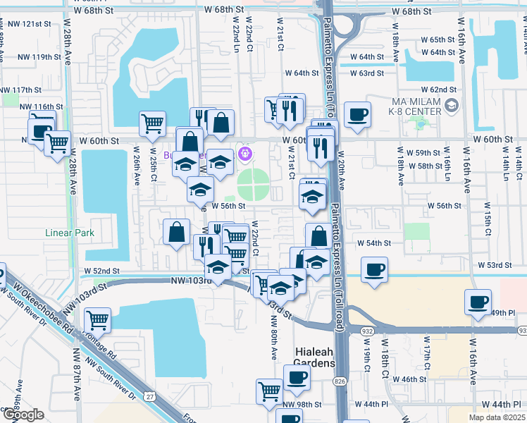 map of restaurants, bars, coffee shops, grocery stores, and more near 5565 West 22nd Court in Hialeah