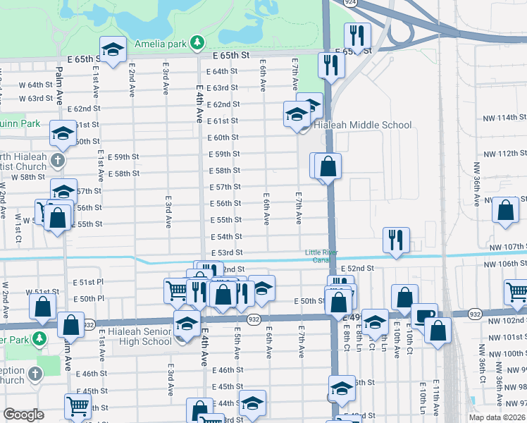 map of restaurants, bars, coffee shops, grocery stores, and more near 580 East 56th Street in Hialeah