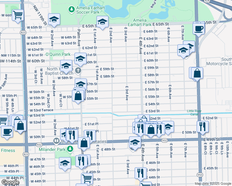 map of restaurants, bars, coffee shops, grocery stores, and more near 221 East 56th Street in Hialeah