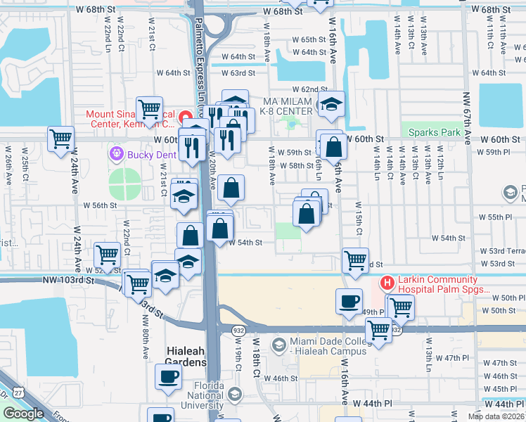 map of restaurants, bars, coffee shops, grocery stores, and more near 1875 West 56th Street in Hialeah