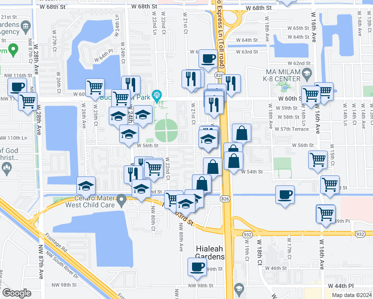 map of restaurants, bars, coffee shops, grocery stores, and more near 2190 West 60th Street in Hialeah
